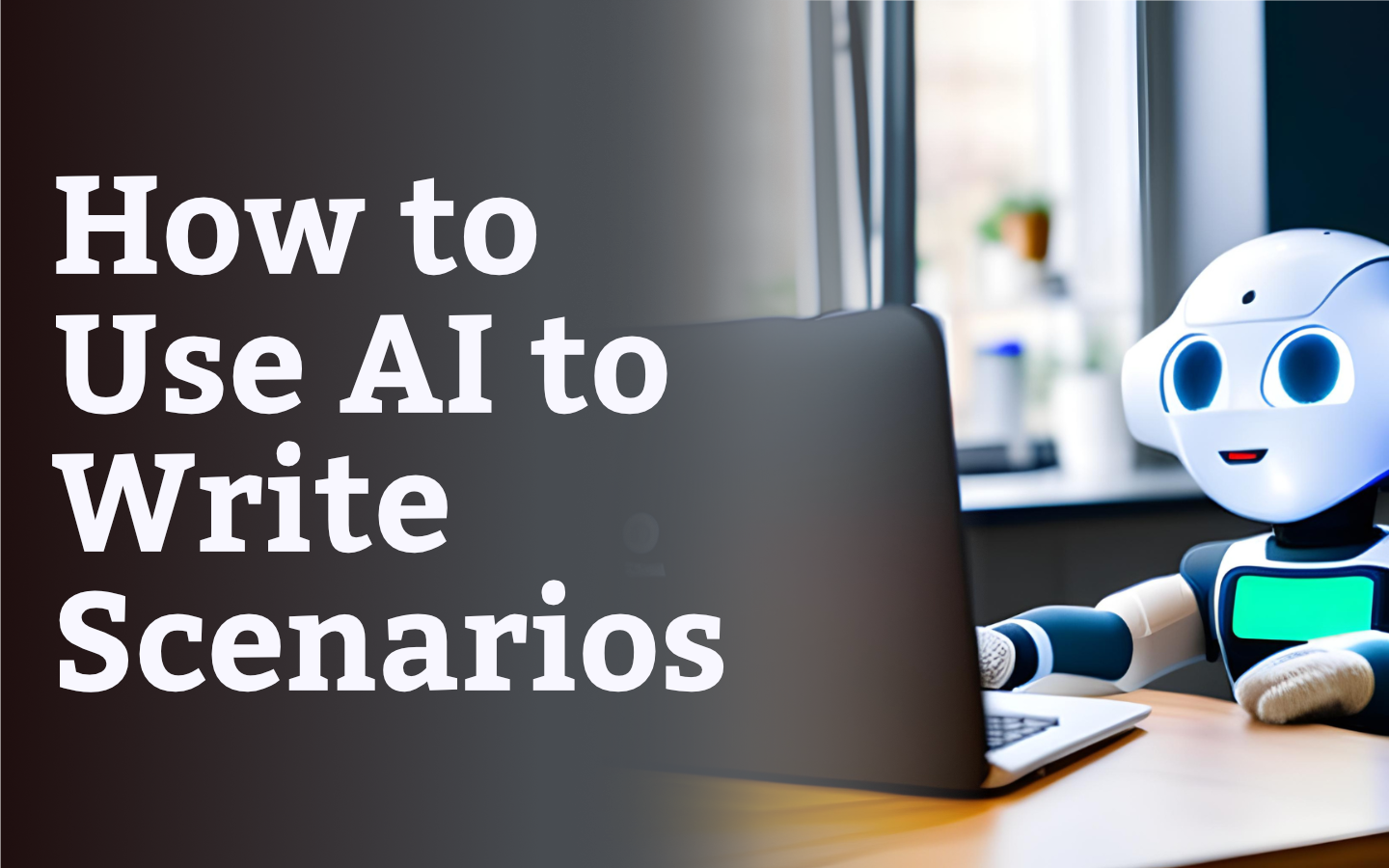 How to Use AI to Write Scenarios AI-generated image of a cute robot typing at a computer in a cozy home office